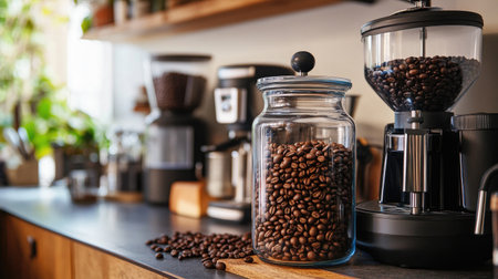 A beautifully arranged kitchen scene with a glass jar of coffee beans beside a stylish coffee grinder, showcasing a warm atmosphere filled with natural light and greenery.の素材