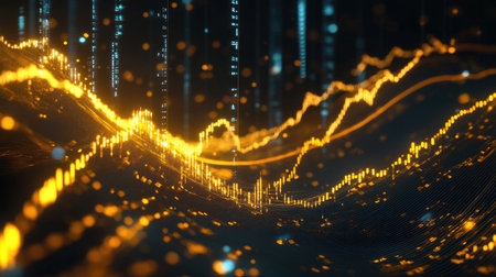 A vibrant abstract representation of data visualization with glowing golden waves and dots, symbolizing dynamic flow and insights in technology and finance sectors.の素材