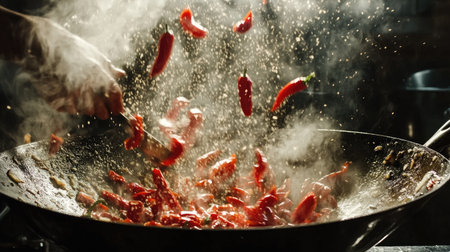 A stunning culinary moment captures red chilies suspended in the air above a sizzling wok, creating a dynamic and aromatic atmosphere in a busy kitchen.の素材