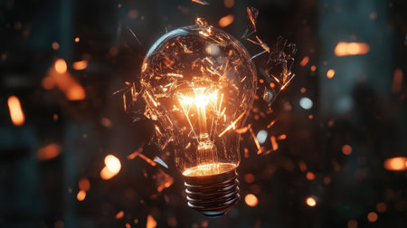 A mesmerizing view of a shattered light bulb emitting a warm glow, surrounded by flying glass shards and magical sparks, creating a visually striking contrast and inspiration for unique concepts.の素材
