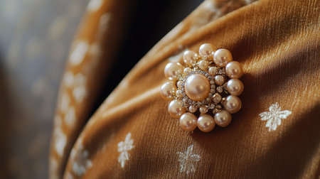 This striking image showcases a luxurious vintage brooch adorned with pearls and rhinestones, elegantly placed on richly textured golden fabric, ideal for fashion and jewelry themes.の素材