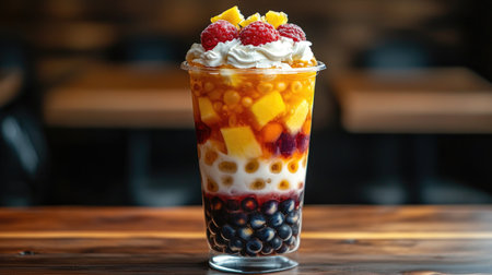 A vibrant fruit dessert showcasing layers of jelly, cream, and fresh mango and raspberry, presented in a clear cup, ideal for summer refreshment or celebratory occasions.の素材
