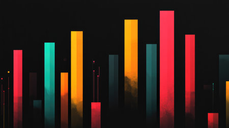 Vibrant abstract design featuring colorful bar charts on a dark backdrop. The composition uses striking shades and gradients, ideal for modern visual projects or data presentations.の素材