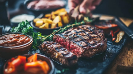 A beautifully arranged steak dinner on a table, featuring a selection of sauces, sides, and garnishes, creating an inviting atmosphere for a feast.の素材
