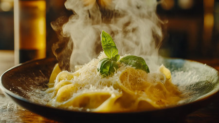 A beautifully plated dish of steaming pasta topped with fresh basil and grated cheese, set on a rustic wooden table, creating an inviting dining atmosphere.の素材