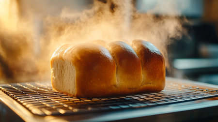 A beautifully shaped sourdough loaf with a crispy crust, resting on a wire rack, with steam rising to create an inviting and fresh atmosphere.の素材