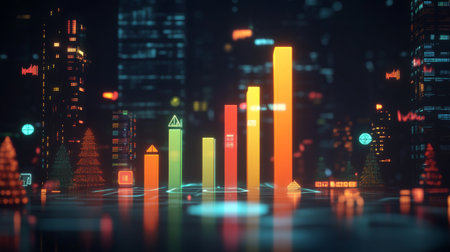 A D bar graph representing financial data growth, set against a dark background with a digital interface and various financial symbols around it.の素材