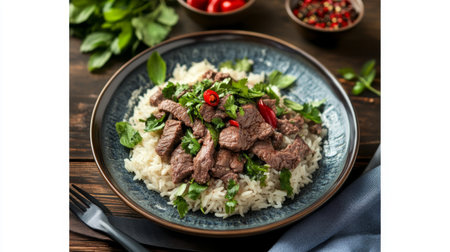 A beautiful image of beef rice garnished with fresh herbs and served on a decorative plate, emphasizing the dishs inviting appearance and gourmet appeal.の素材