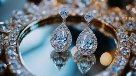 A beautiful arrangement of diamond earrings placed on a sparkling mirror, reflecting light and creating a dazzling display of elegance and luxury.の素材