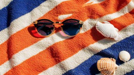 A close-up of stylish sunglasses resting on a colorful beach towel, with seashells and sunscreen nearby, evoking a relaxed summer vibe.の素材