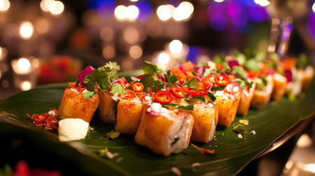 A close-up of crispy spring rolls served on a banana leaf, garnished with sliced chili and cilantro, highlighting the vibrant colors and textures.の素材
