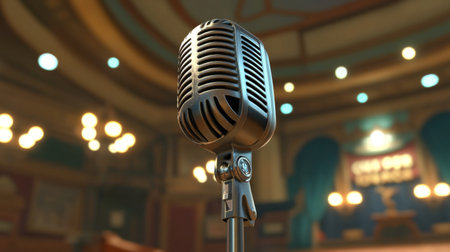 A dynamic microphone on a stand, set against a blurred stage backdrop with spotlights creating a professional performance atmosphere.の素材