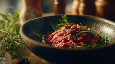 A close-up of ground beef in a bowl, surrounded by fresh herbs and spices, emphasizing its texture and inviting preparation for cooking.の素材