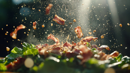 A creative shot of bacon bits sprinkled over a fresh salad, highlighting the contrast between the crispy meat and vibrant greens in natural light.の素材