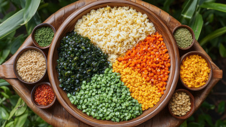 A colorful display of fried rice arranged on a bamboo platter, with accompanying condiments like soy sauce and chili flakes, emphasizing the flavors of the dish.の素材
