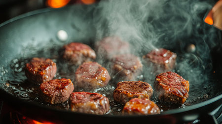 A dynamic shot of sizzling beef being cooked in a pan, with sauce bubbling and steam rising, showcasing the preparation of delicious beef rice.の素材