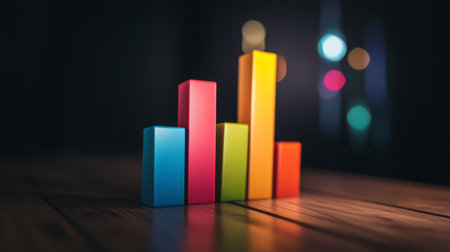 A financial dashboard displaying a D bar graph with colorful rising bars, set against a dark background with subtle lighting effects.の素材