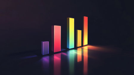 A financial dashboard displaying a D bar graph with colorful rising bars, set against a dark background with subtle lighting effects.の素材