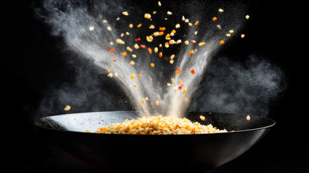 A dynamic image of a chef skillfully tossing fried rice in a sizzling wok, with steam rising and vibrant ingredients flying, capturing the excitement of cooking.の素材