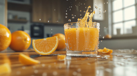 A freshly cut orange being squeezed over a glass, with droplets of juice and vibrant colors filling the glass in a dynamic, mouthwatering shot.の素材