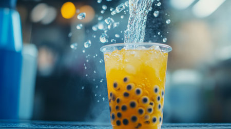 A dynamic shot of bubble tea being poured into a clear cup, with bubbles and ice swirling, creating a sense of freshness and excitement.の素材