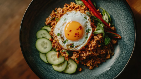 A vibrant dish featuring stir-fried rice with minced meat, topped with a sunny-side-up egg and fresh ingredients, perfect for a flavorful meal or snack.の素材