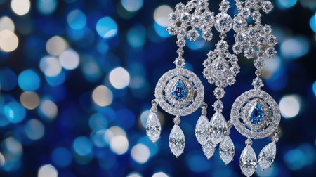 Stunning pair of blue and silver earrings featuring exquisite gemstones, set against a beautiful bokeh background, perfect for fashion and jewelry enthusiasts.の素材