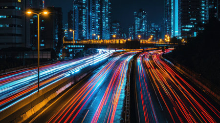 Captivating nighttime view of a busy highway illuminated by vibrant light trails, showcasing modern skyscrapers and the dynamic energy of urban life.の素材