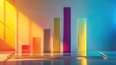 This vibrant, colorful bar chart sculpture on a sleek surface showcases dynamic lighting and shadow play, perfect for presentations or data visualizations in business contexts.の素材
