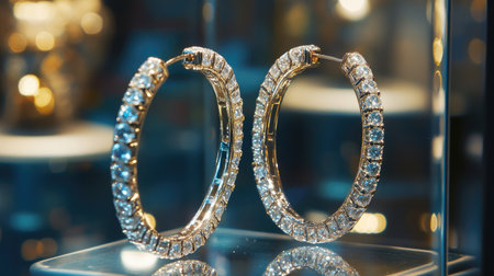 Stunning gold hoop earrings adorned with shimmering diamonds, elegantly displayed in a jewelry showcase, perfect for fashion lovers and luxury accessory enthusiasts.の素材