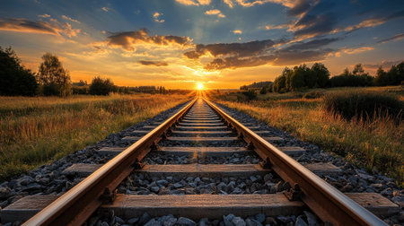 Breathtaking sunset view over railway tracks leading into a distant horizon, surrounded by lush fields and a dramatic sky, perfect for capturing the essence of tranquility in nature.の素材