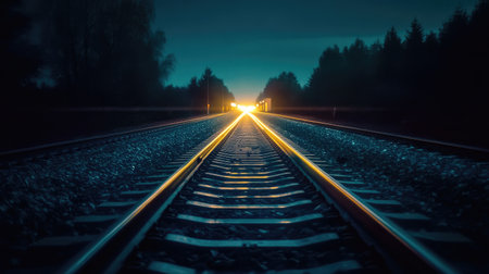 Tranquil view of railroad tracks at twilight, leading toward distant lights against a backdrop of lush forest and a soothing night sky, perfect for themes of travel and adventure.の素材