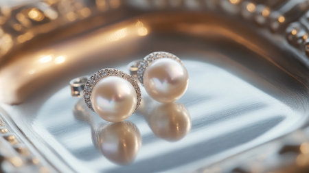 Beautiful pearl earrings enhanced with sparkling diamond accents are elegantly displayed on a polished silver tray, showcasing luxury and sophistication in jewelry design.の素材