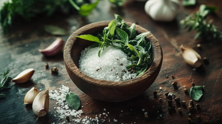 A captivating arrangement featuring fresh herbs and sea salt in a wooden bowl, complemented by garlic and spices on a dark rustic table, perfect for food photography.の素材