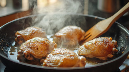Golden and crispy chicken thighs sizzle in a hot skillet, releasing steam as they cook to perfection. Ideal for showcasing culinary artistry and delicious meal inspiration.の素材