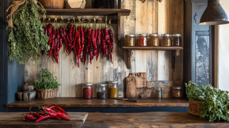 Capture the essence of culinary tradition with this rustic kitchen scene featuring fresh herbs, dried red peppers, and a warm wooden ambiance perfect for home cooking.の素材