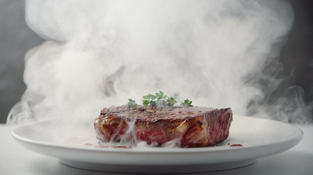 A beautifully presented juicy beef steak emits aromatic smoke, garnished with fresh herbs, ideal for showcasing gourmet culinary creations in food photography.の素材