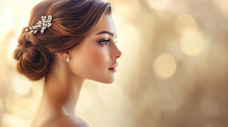 This captivating image features a graceful woman with soft brown hair styled elegantly, adorned with a delicate accessory, set against a dreamy bokeh background.の素材