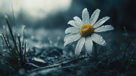 A stunning close-up of a single white daisy flower with dew droplets, set against a muted backdrop, showcasing the delicate beauty of nature in a serene atmosphere.の素材
