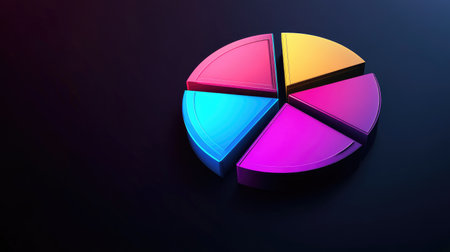 Vibrant 3D pie chart illustration on a dark background, ideal for representing data analysis, business strategies, and financial insights in modern digital graphics.の素材