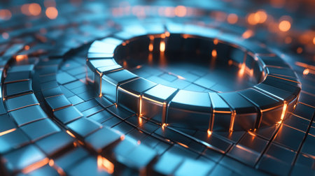 This image features an intricate abstract 3D design with reflective metallic circles and blocks showcasing glowing edges, perfect for technology or modern art themes.の素材