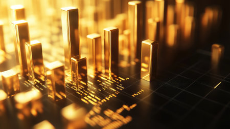Vibrant abstract representation of financial data with glowing golden bars and digital elements, ideal for business, economic themes, and modern analytics usage.の素材