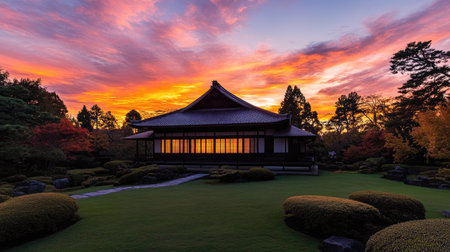 A breathtaking view of a Japanese garden at sunset, featuring vibrant clouds, a traditional pavilion, and peaceful landscaping that embodies tranquility and natural beauty.の素材