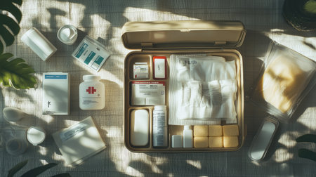 A well-organized first aid kit displayed on a textured surface features various medical items, emphasizing preparedness for health emergencies in a bright atmosphere.の素材