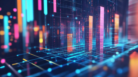 Engaging digital data visualization featuring colorful bar graphs against an abstract background, illustrating advanced technology and innovation in data analysis and metrics representation.の素材