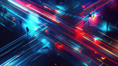 A captivating high-angle view of a busy city intersection at night, showcasing colorful light trails from moving vehicles, evoking a sense of energy and urban vibrancy.の素材