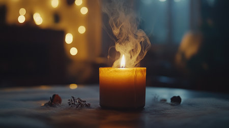 A serene composition featuring a burning candle, gently emitting smoke, with warm bokeh lights in the background, creating a cozy and relaxing atmosphere perfect for peaceful moments.の素材
