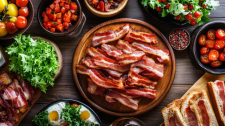 A wooden table with an assortment of dishes featuring bacon, including sandwiches, salads, and appetizers, creating a tempting culinary display.の素材