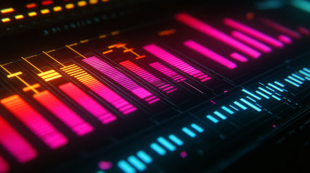 Close-up of a colorful business graph with bars and lines, displaying financial growth and market trends, with soft lighting highlighting the data.の素材
