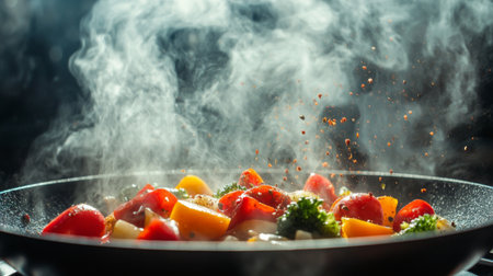 A vibrant shot of colorful vegetables sizzling in a frying pan, with steam rising and spices sprinkled on top, capturing the essence of cooking a delicious meal.の素材